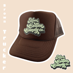 Image of a brown foam trucker hat with the Maui Cotton Candy Co. logo on the front of the hat