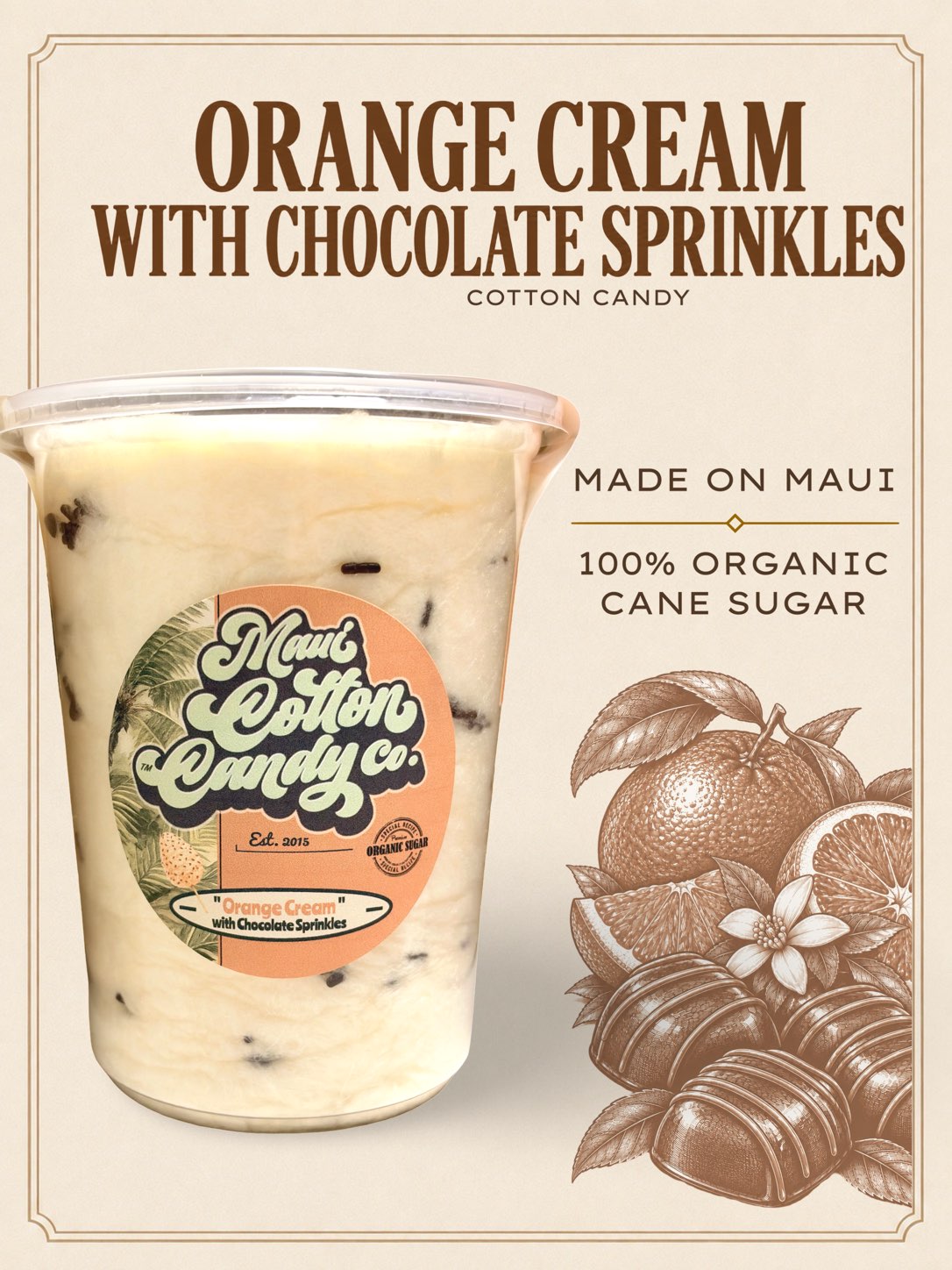 Orange Cream with Chocolate Sprinkles Cotton Candy - 100% Organic Cane Sugar