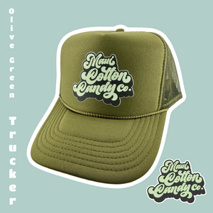 Image of a Olive Green foam trucker hat with the Maui Cotton Candy Co. logo on the front of the hat