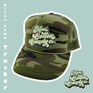 Image of a Olive Camo foam trucker hat with the Maui Cotton Candy Co. logo on the front of the hat